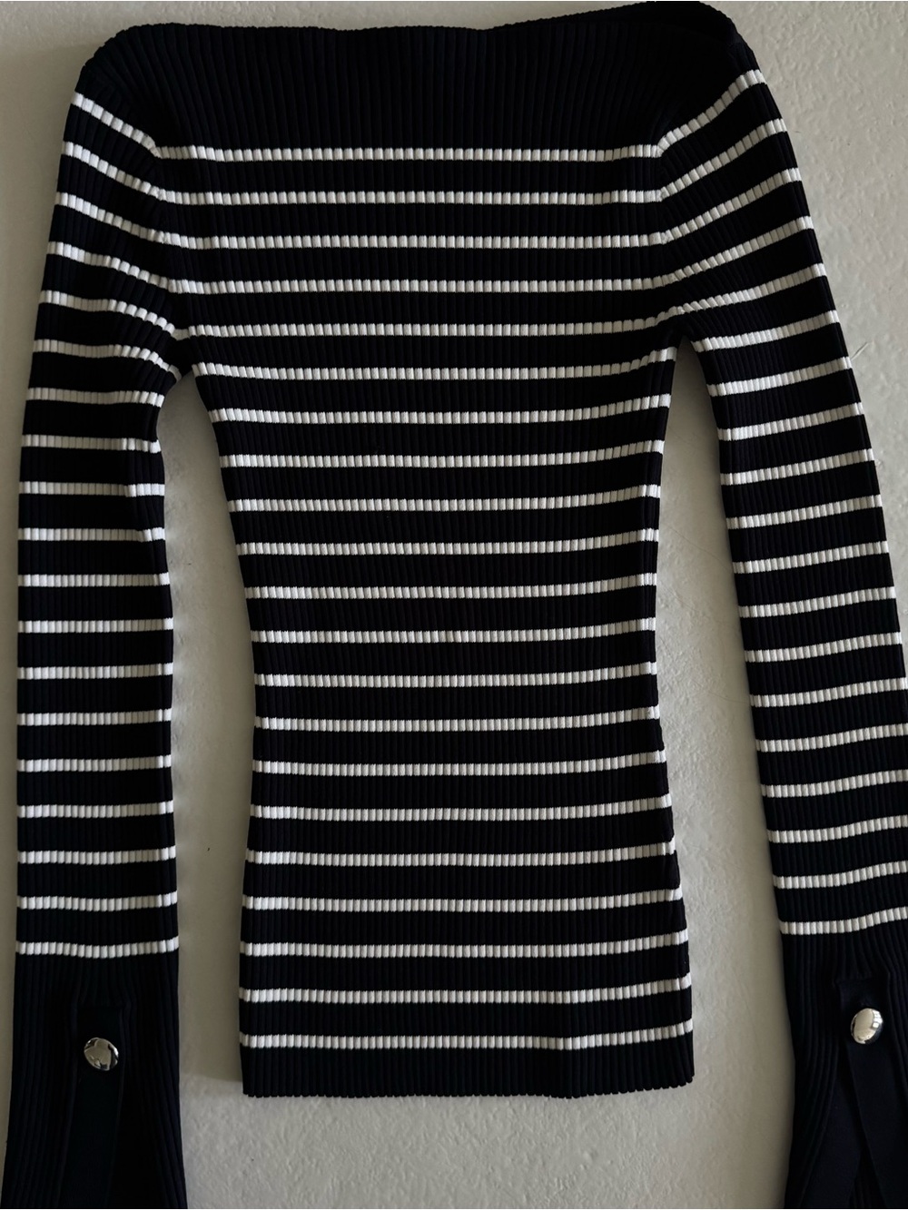 A.L.C. Black and White Striped Ribbed Long-Sleeve Top
